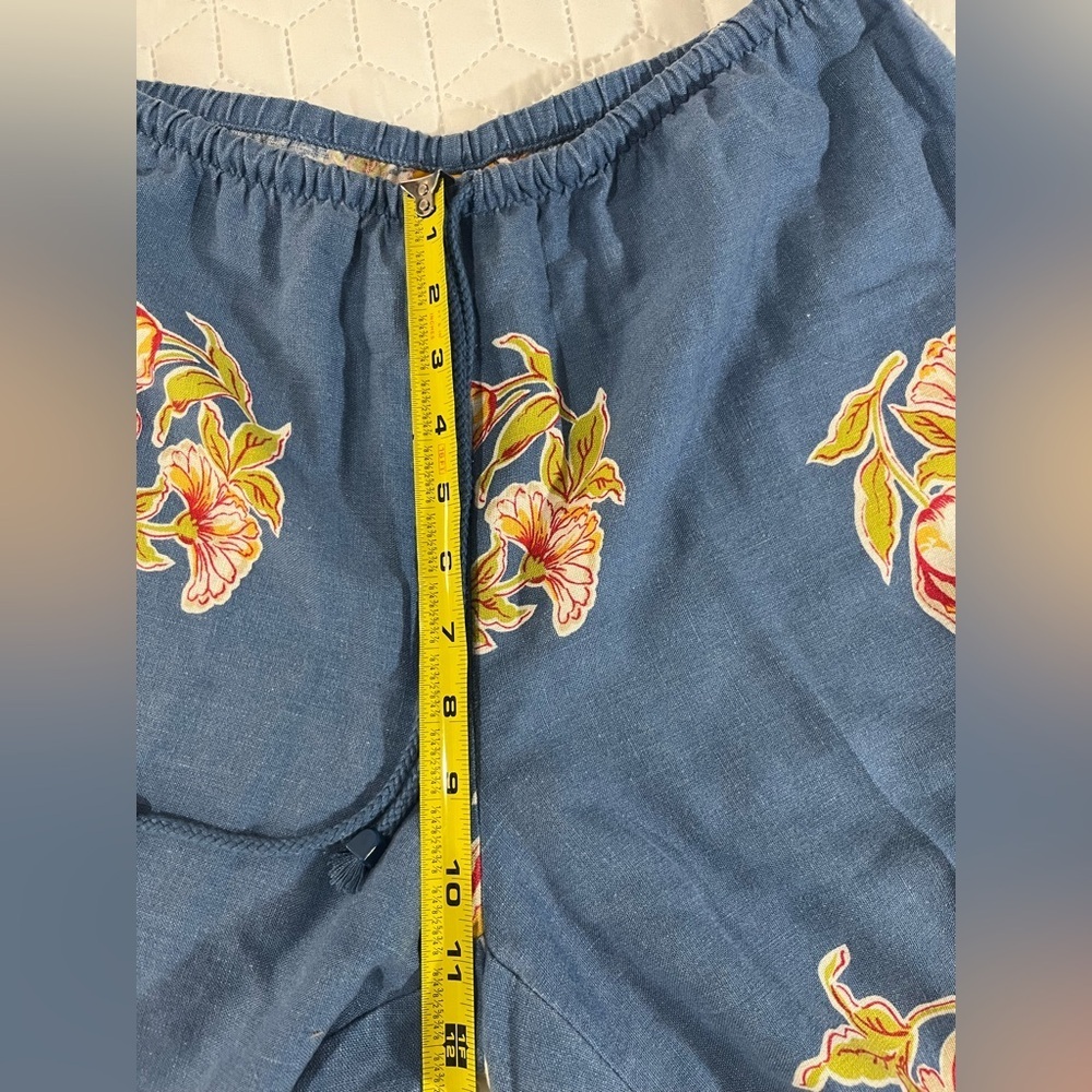 Ruby Rd Floral Linen Blend Wide Leg Pants Blue Yellow Boho Resort Size 10 - Picture 6 of 8